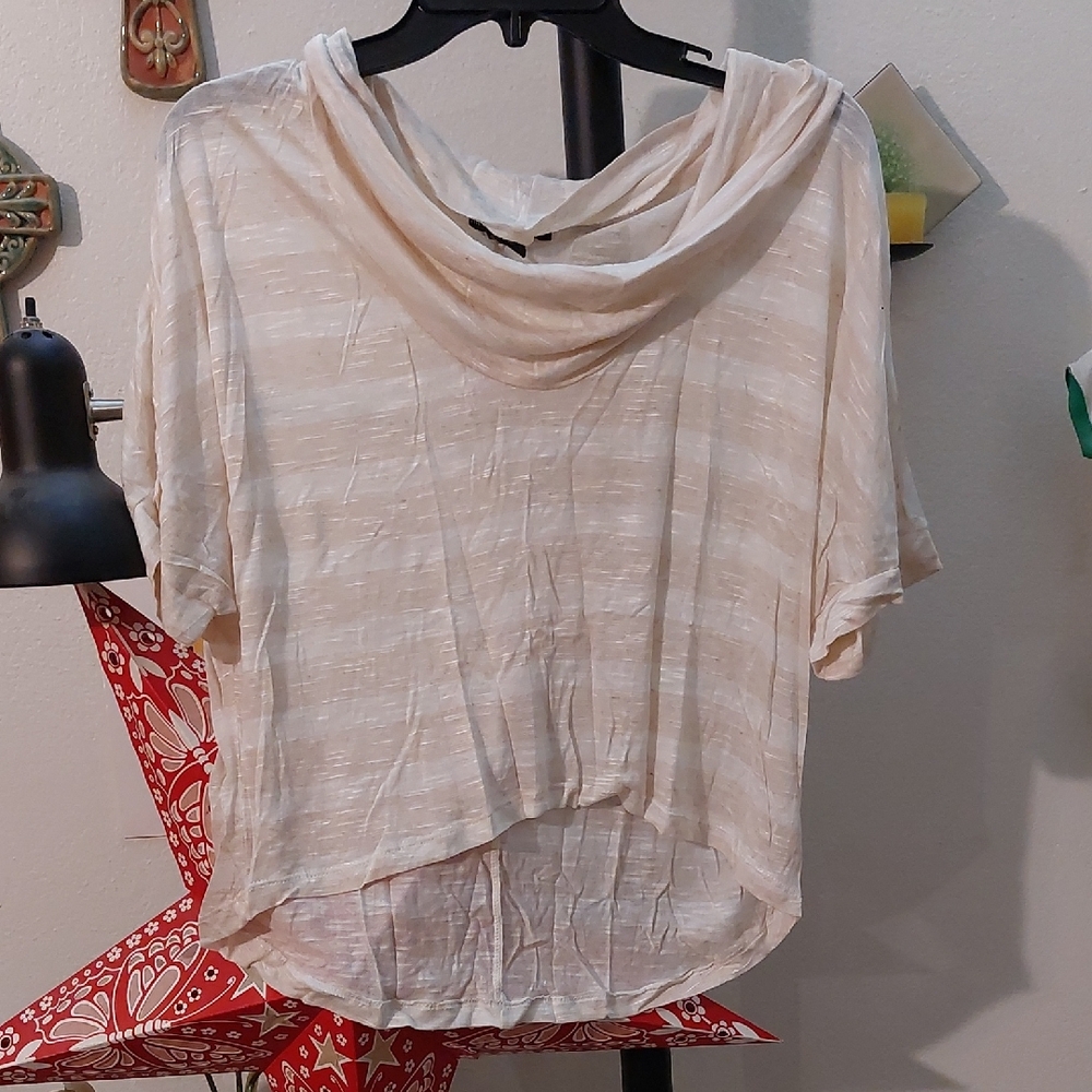 Y2K Era Hi Lo Semisheer Tan And Cream Striped Cowl Neck Shirt